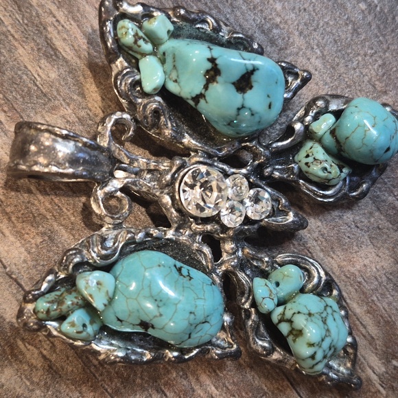 Vtg Turquoise & Rhinestone Embellished Silver Tone Butterfly Necklace Pendant - Picture 5 of 9